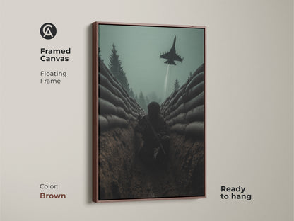 Framed canvas art featuring a soldier in a trench. A fighter jet flies above. This military themed artwork is great for a study. The floating frame comes in brown. It's a unique canvas art for military enthusiasts and veterans.