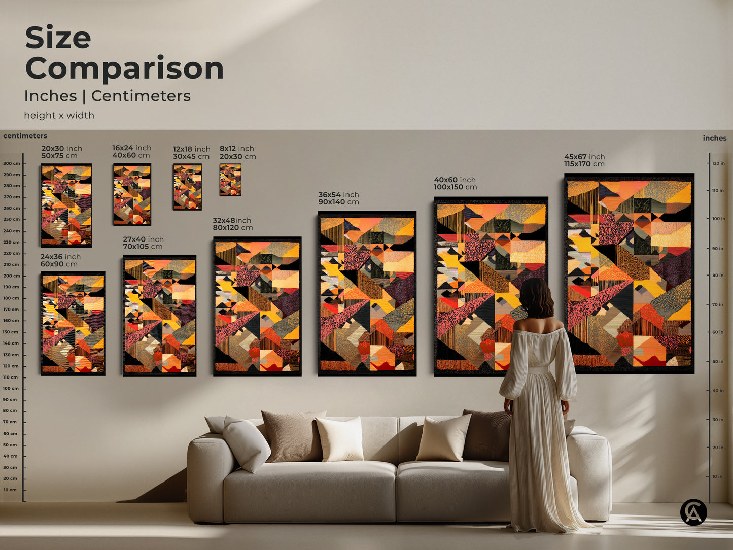 Size comparison of abstract geometric wall art. See how canvas sizes look in a living room setting. Find the perfect mid-century modern art print in yellow red and orange for your eclectic home decor. Transform your space today.