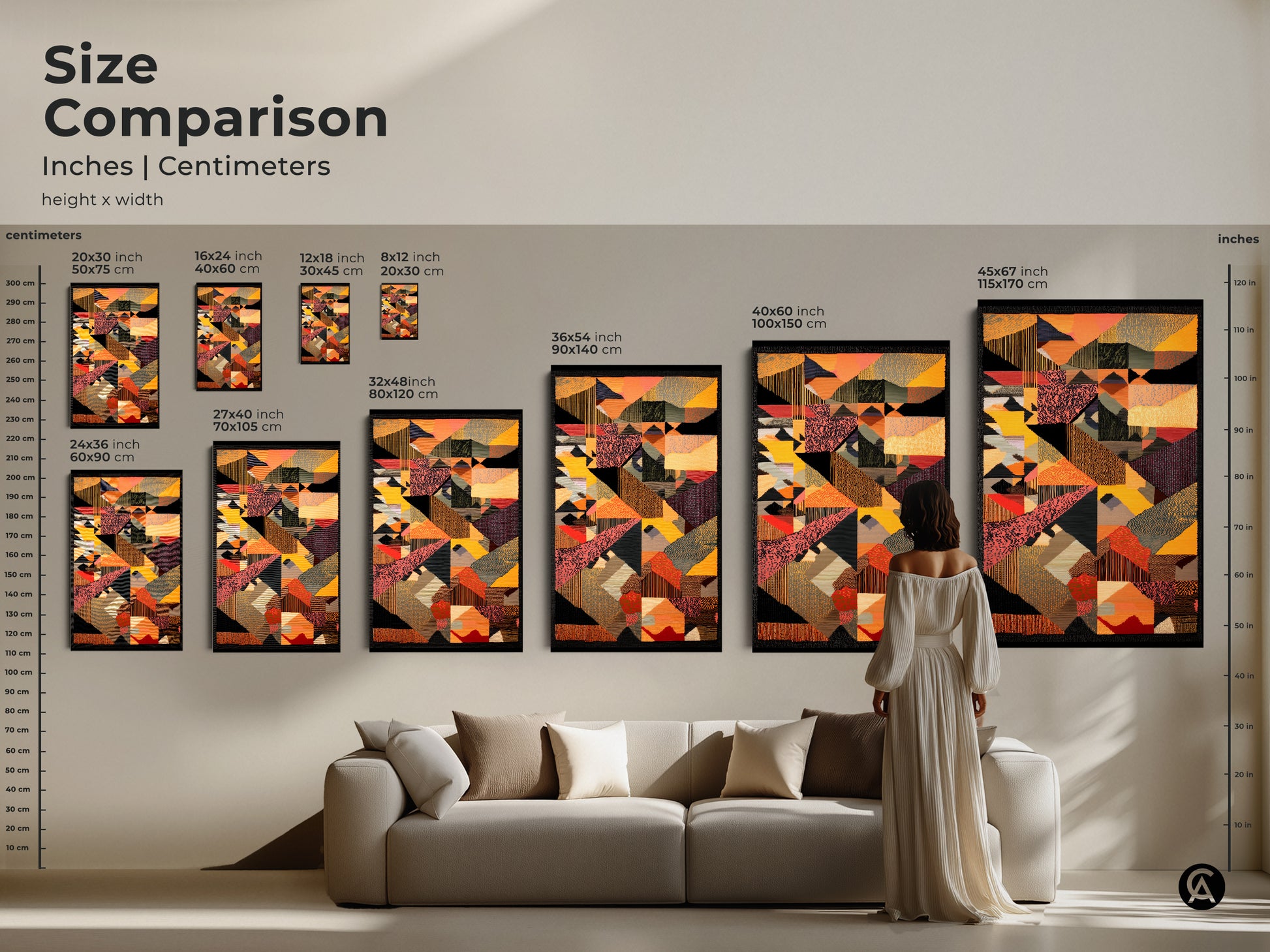 Size comparison of abstract geometric wall art. See how canvas sizes look in a living room setting. Find the perfect mid-century modern art print in yellow red and orange for your eclectic home decor. Transform your space today.