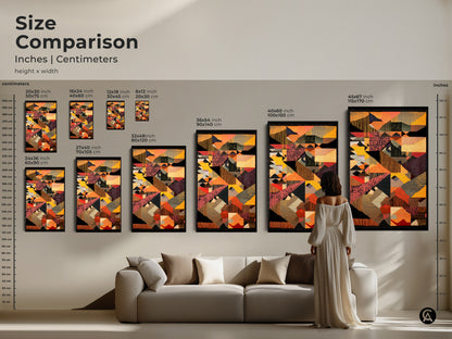 Size comparison of abstract geometric wall art. See how canvas sizes look in a living room setting. Find the perfect mid-century modern art print in yellow red and orange for your eclectic home decor. Transform your space today.