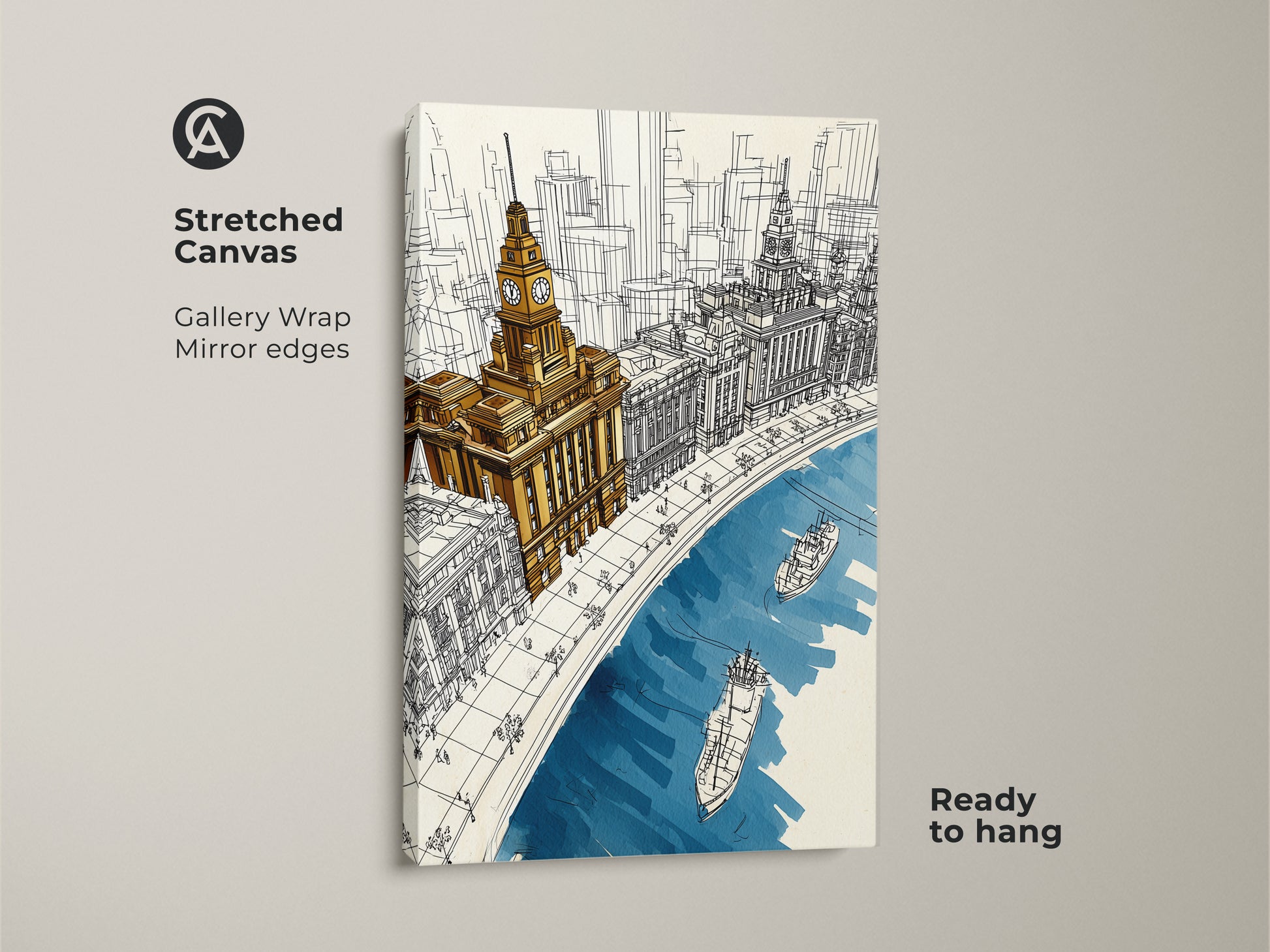 Stretched canvas print of a cityscape with gallery wrap mirror edges. The line art features a clock tower and river boats in golden yellow and deep blue. Ready to hang for easy display.