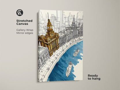 Stretched canvas print of a cityscape with gallery wrap mirror edges. The line art features a clock tower and river boats in golden yellow and deep blue. Ready to hang for easy display.