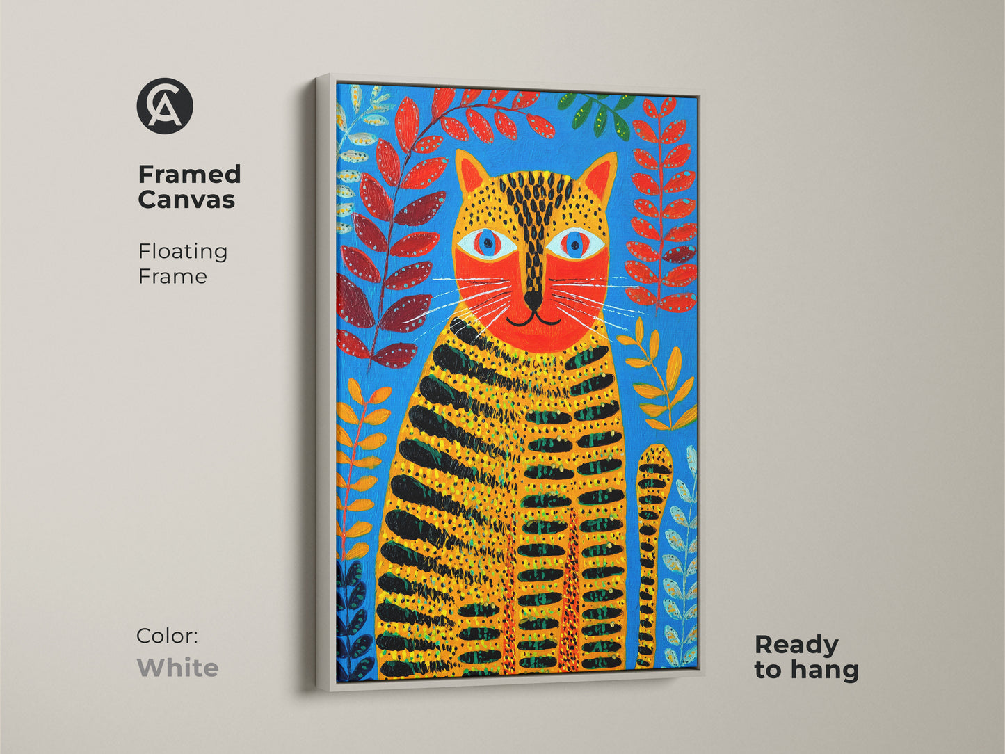 Framed canvas with a white floating frame is ready to hang. This folk art tiger cat displays blue orange and red botanical elements. It's excellent animal art for home decor.