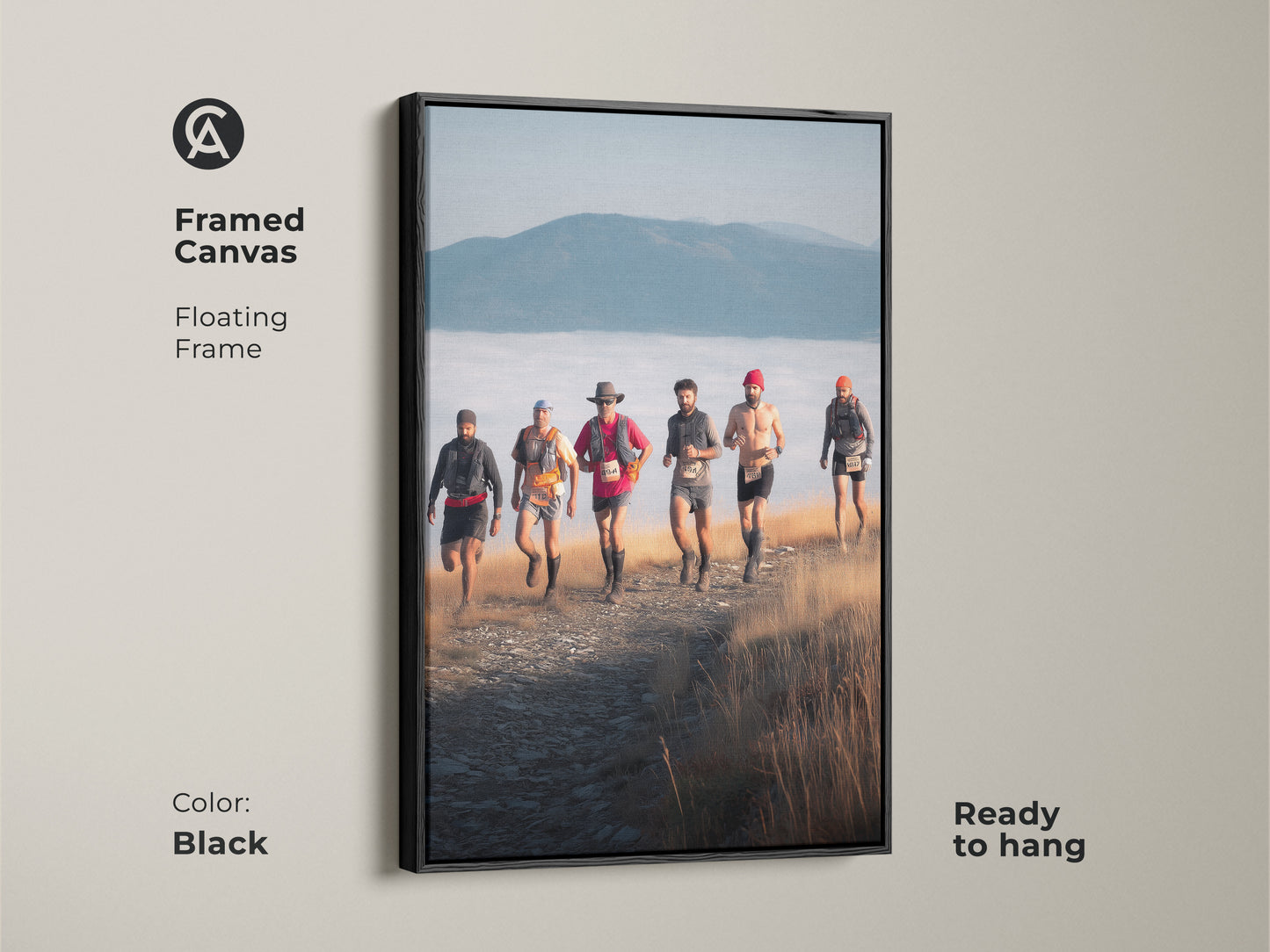 Black framed canvas featuring trail runners on a mountain path. This adventure photography art adds a touch of rustic charm. It's ready to hang and perfect for sports enthusiasts. The scenic mountain view brings the beauty of nature indoors as athletic wall decor.