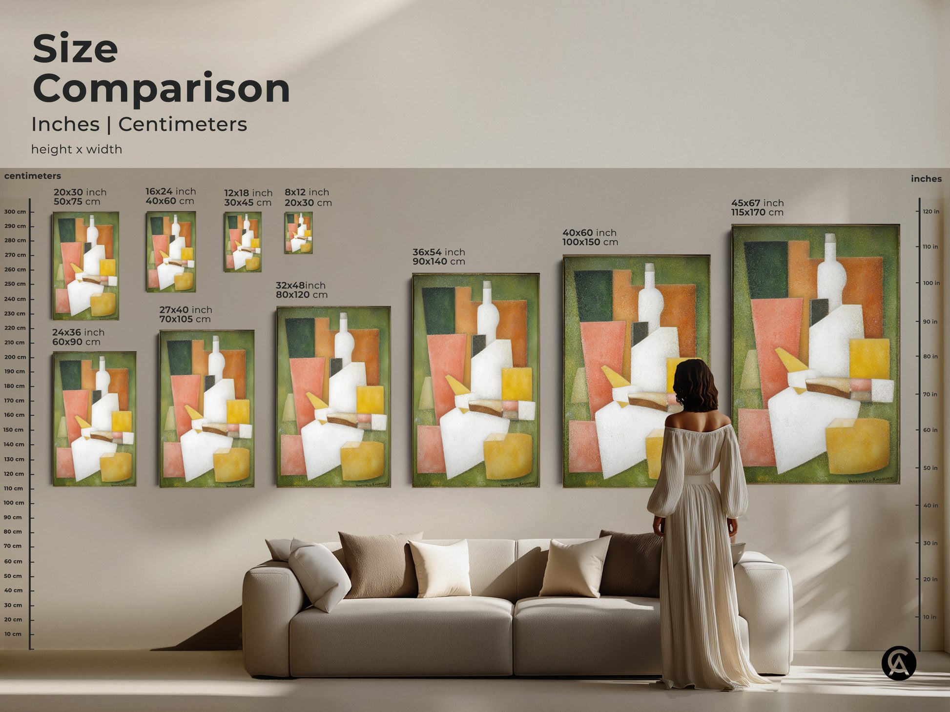 Size comparison of the modern cubist still life artwork. See how the art looks in different sizes. The geometric bottle canvas is perfect for any room. It is an eye-catching addition to your home decor. Find the ideal size for your space.