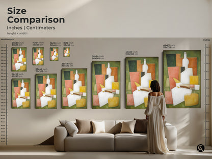 Size comparison of the modern cubist still life artwork. See how the art looks in different sizes. The geometric bottle canvas is perfect for any room. It is an eye-catching addition to your home decor. Find the ideal size for your space.