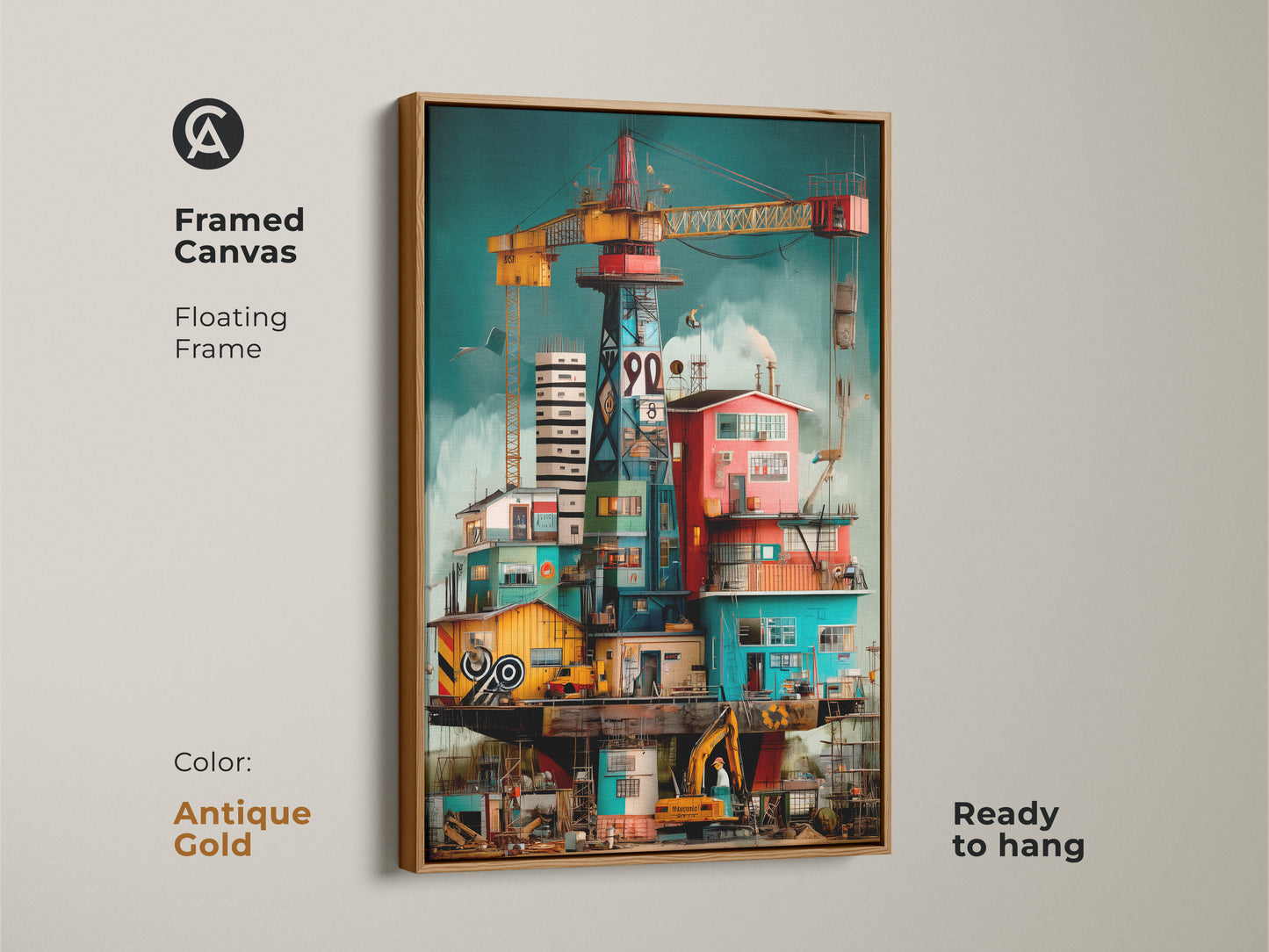 Framed canvas of surreal industrial art featuring an oil rig with cranes in antique gold. This architectural building art adds unique touch to any office. The artwork enhances loft style decor. Floating Frame and ready to hang.