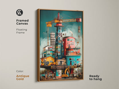 Framed canvas of surreal industrial art featuring an oil rig with cranes in antique gold. This architectural building art adds unique touch to any office. The artwork enhances loft style decor. Floating Frame and ready to hang.