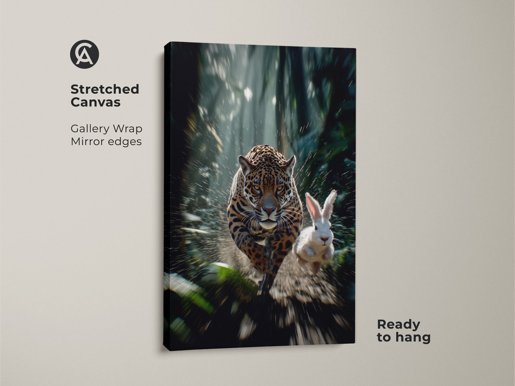 This stretched canvas art features a jaguar chasing a rabbit with a motion blur effect. The gallery wrap and mirror edges enhance the contemporary wildlife decor. Ready to hang this wild animal canvas art brings an exotic touch. Perfect for bedroom animal artwork or any space needing a dramatic accent.