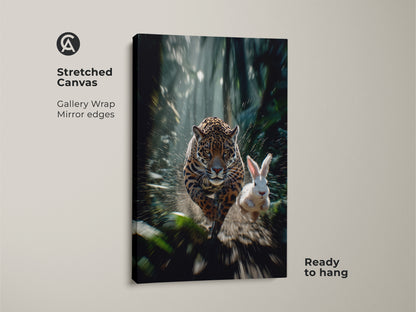 This stretched canvas art features a jaguar chasing a rabbit with a motion blur effect. The gallery wrap and mirror edges enhance the contemporary wildlife decor. Ready to hang this wild animal canvas art brings an exotic touch. Perfect for bedroom animal artwork or any space needing a dramatic accent.