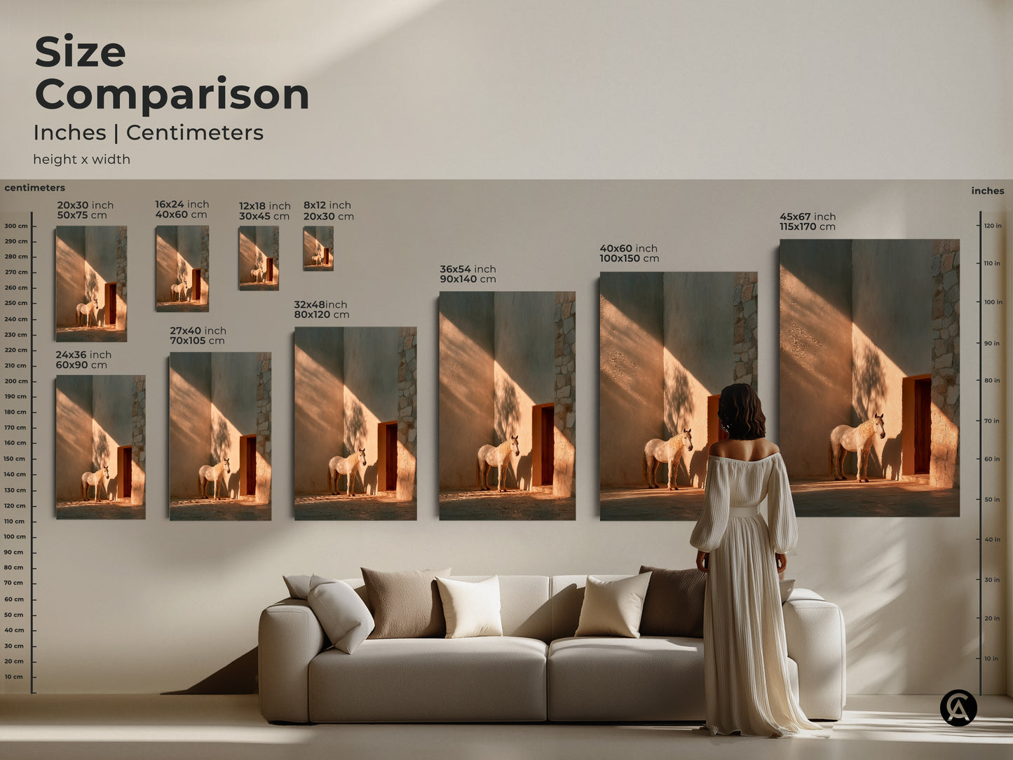 Size comparison of minimalist horse wall art in inches and centimeters. Warm ochre tones enhance this photorealistic horse print. See how sizes fit with furniture for perfect modern decor. This equestrian gift idea is ideal for beige neutral home decor. Visualize the perfect fit for your space.