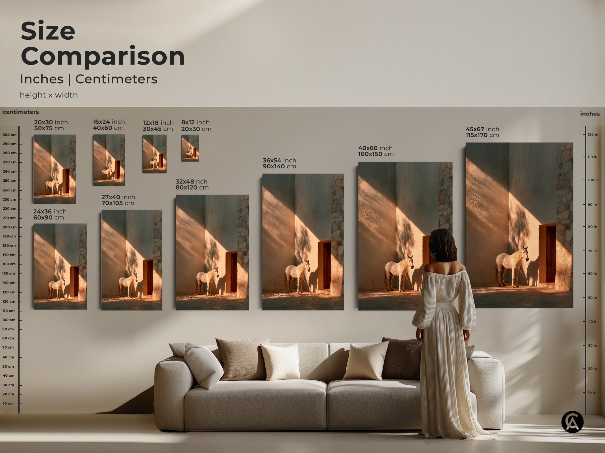 Size comparison of minimalist horse wall art in inches and centimeters. Warm ochre tones enhance this photorealistic horse print. See how sizes fit with furniture for perfect modern decor. This equestrian gift idea is ideal for beige neutral home decor. Visualize the perfect fit for your space.