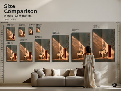 Size comparison of minimalist horse wall art in inches and centimeters. Warm ochre tones enhance this photorealistic horse print. See how sizes fit with furniture for perfect modern decor. This equestrian gift idea is ideal for beige neutral home decor. Visualize the perfect fit for your space.