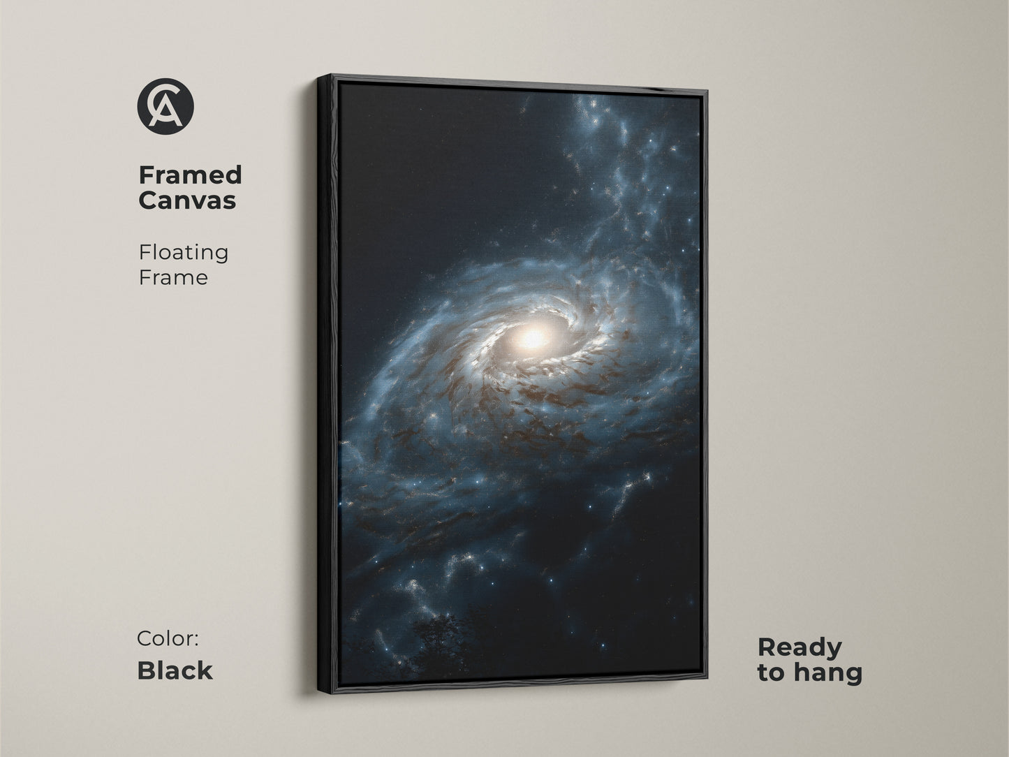 Framed canvas with a floating black frame showcasing deep blue galaxy nebula art. Ready to hang this cosmic space artwork enhances any room. It’s an ideal gift for space lovers and adds a contemporary touch to residential wall decor.