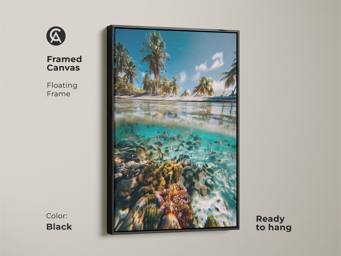Framed canvas of a split view ocean artwork. This tropical beach scene features palm trees and a vibrant coral reef. The floating frame is black. Coastal decor is ready to hang. This ocean scene artwork adds a touch of paradise to any space.