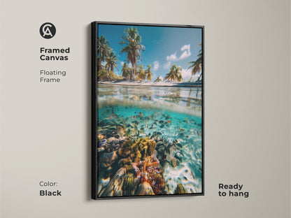 Framed canvas of a split view ocean artwork. This tropical beach scene features palm trees and a vibrant coral reef. The floating frame is black. Coastal decor is ready to hang. This ocean scene artwork adds a touch of paradise to any space.