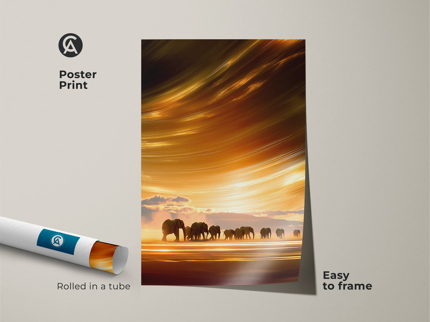 Poster print showcasing abstract elephants in a sunset savanna. This wildlife art is easy to frame. The orange yellow gold hues bring warmth to any room. Perfect housewarming gift for nature lovers.