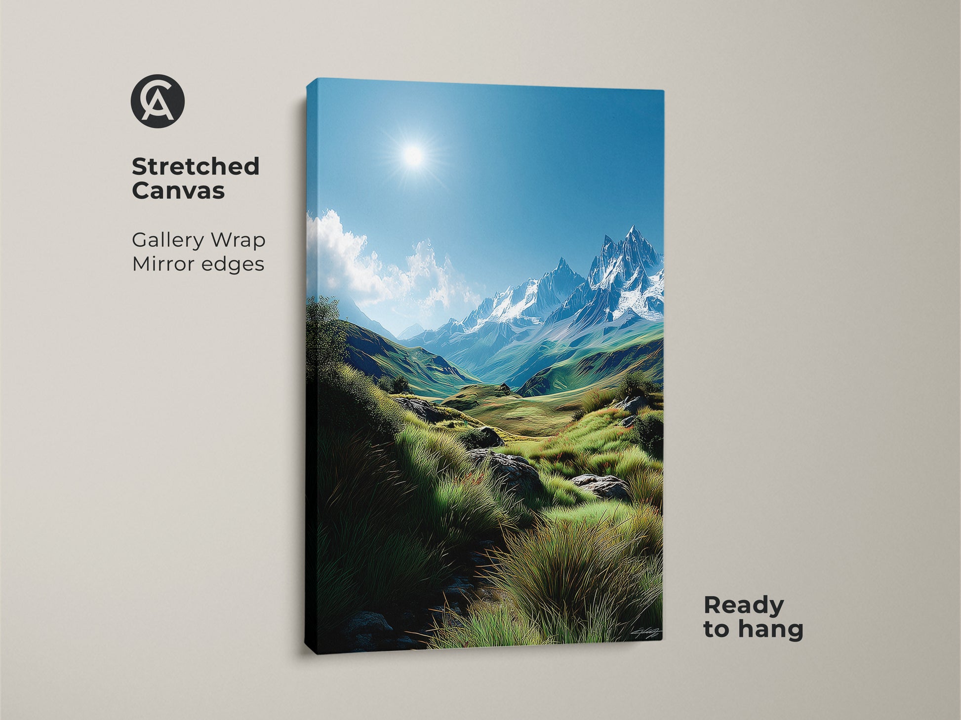 Stretched canvas showcasing a vibrant mountain landscape. The gallery wrap and mirror edges provide a modern look. Ready to hang this piece is perfect for instant decor. Bring the serene beauty of nature into your home with this stunning canvas art.