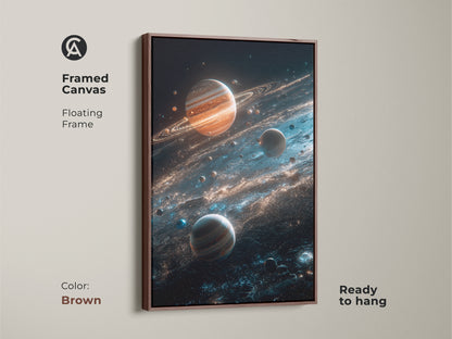 Brown framed canvas of planets and cosmic dust. The floating frame enhances the artwork. Ready to hang this planet art will transform your space. Elevate your home decor with this beautiful cosmic piece.