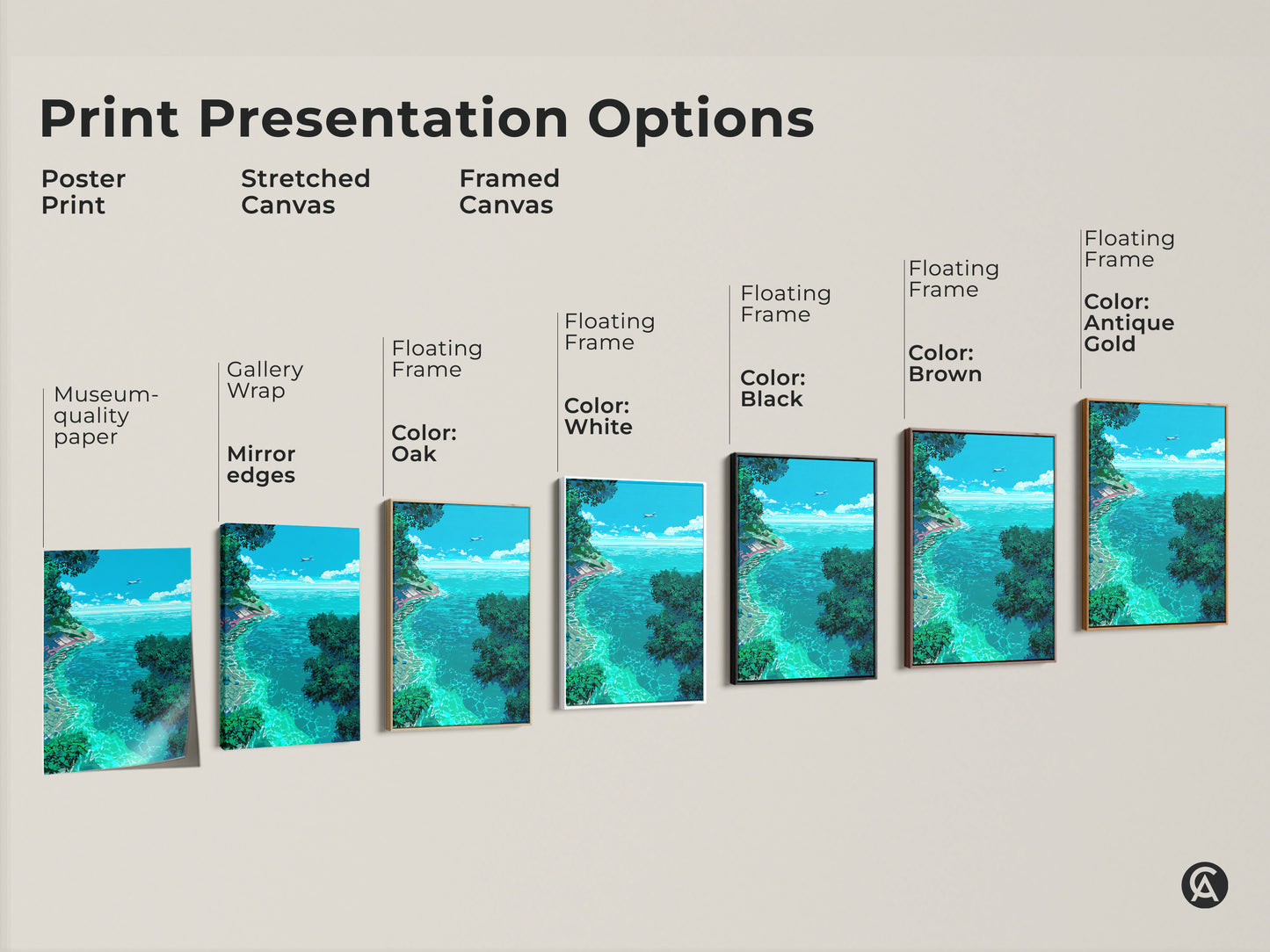 Explore print presentation options for pixel art of a tropical ocean view. Choose from poster prints stretched canvas and framed canvas. Each option enhances the vibrant details of the beach scene and clear sky.