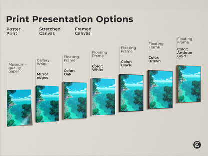 Explore print presentation options for pixel art of a tropical ocean view. Choose from poster prints stretched canvas and framed canvas. Each option enhances the vibrant details of the beach scene and clear sky.