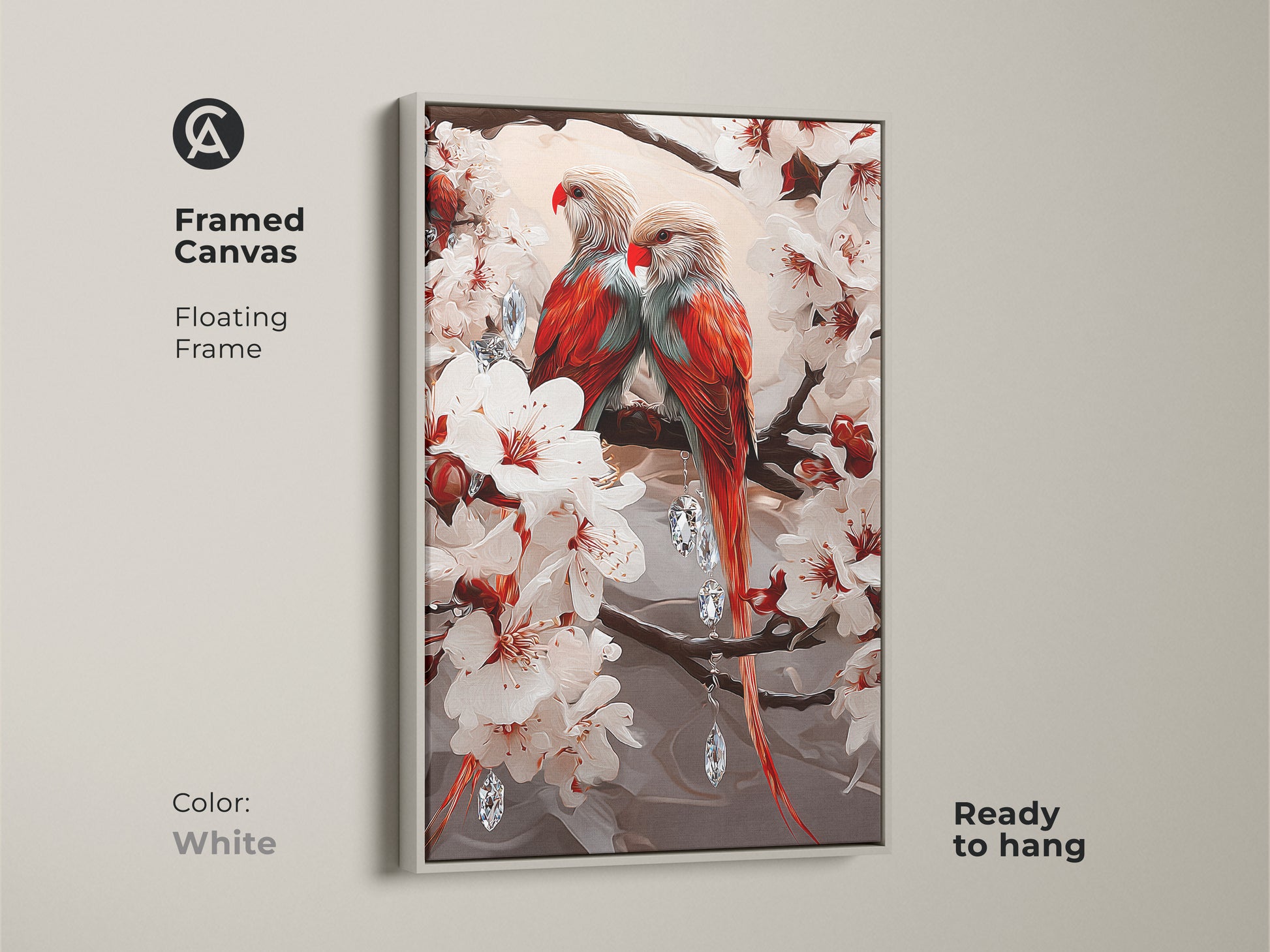 Parrots on a cherry blossom branch framed canvas with a white floating frame. It makes a great bedroom wall art romantic piece. It is also suitable as home decor gift idea. This is a colorful bird print.