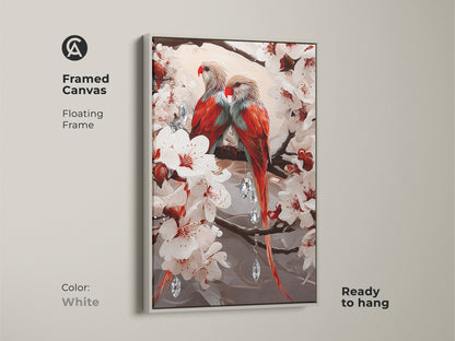 Parrots on a cherry blossom branch framed canvas with a white floating frame. It makes a great bedroom wall art romantic piece. It is also suitable as home decor gift idea. This is a colorful bird print.