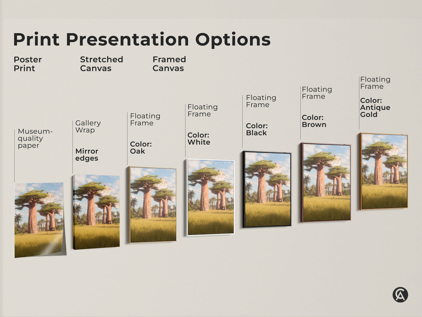 Print presentation options for the African Baobab tree art. Options include poster print stretched canvas and framed canvas. Frame colors include oak white black brown and antique gold. Perfect African inspired home decor.