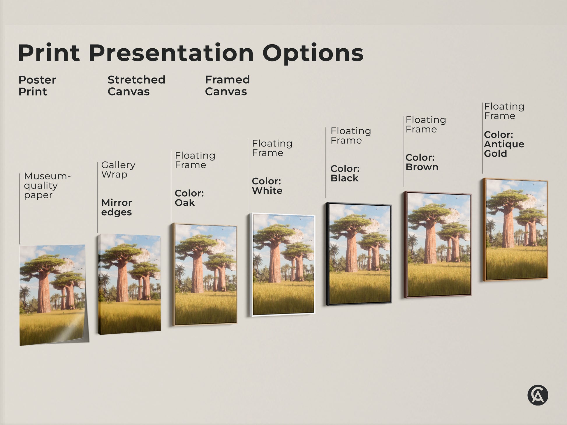 Print presentation options for the African Baobab tree art. Options include poster print stretched canvas and framed canvas. Frame colors include oak white black brown and antique gold. Perfect African inspired home decor.