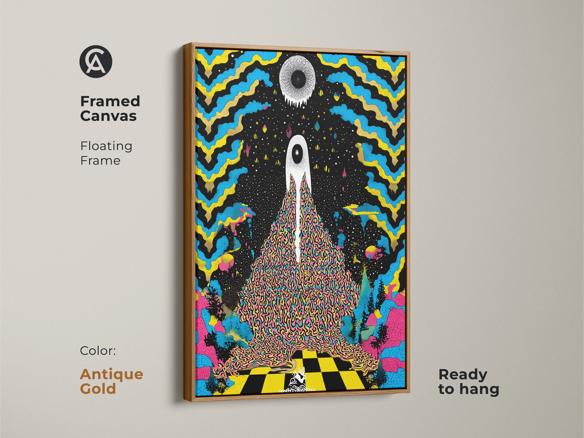 Antique Gold framed canvas displays psychedelic eye wall art. This surreal abstract canvas print is ready to hang. The trippy blue and yellow artwork is eclectic black home decor. This modern surreal art is a graphic poster.