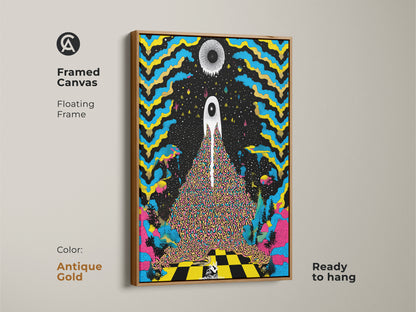 Antique Gold framed canvas displays psychedelic eye wall art. This surreal abstract canvas print is ready to hang. The trippy blue and yellow artwork is eclectic black home decor. This modern surreal art is a graphic poster.