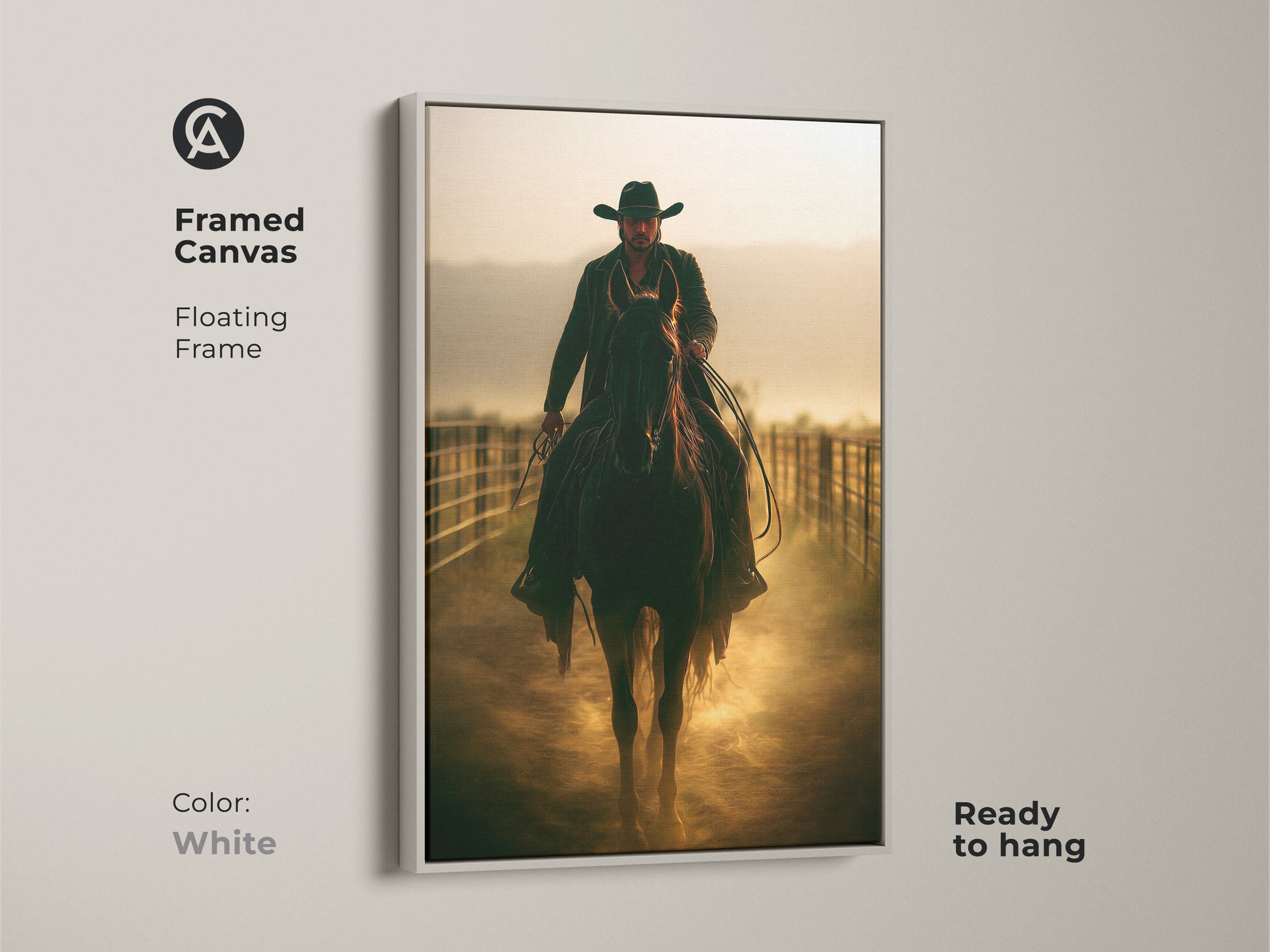 Framed Canvas of a Cowboy on Horseback. White floating frame offers a clean modern look. Ready to hang. This piece suits any country Western decor. Perfect for adding rustic charm. This is an ideal gift for horse lovers.