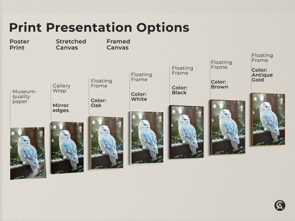 Print presentation options showing poster prints stretched canvas and framed canvas of the fantasy snowy owl art. Blue crystal feathers and a winter forest complete this arctic owl painting. This wildlife decor is a great gift for animal lovers.