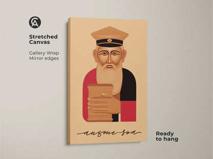 Stretched canvas featuring a vintage man reading a book. The retro flat art showcases an elderly scholar in warm brown tan and red hues. This ready-to-hang wall art is perfect for creating an eclectic study or office atmosphere. A unique gift for a bookworm.