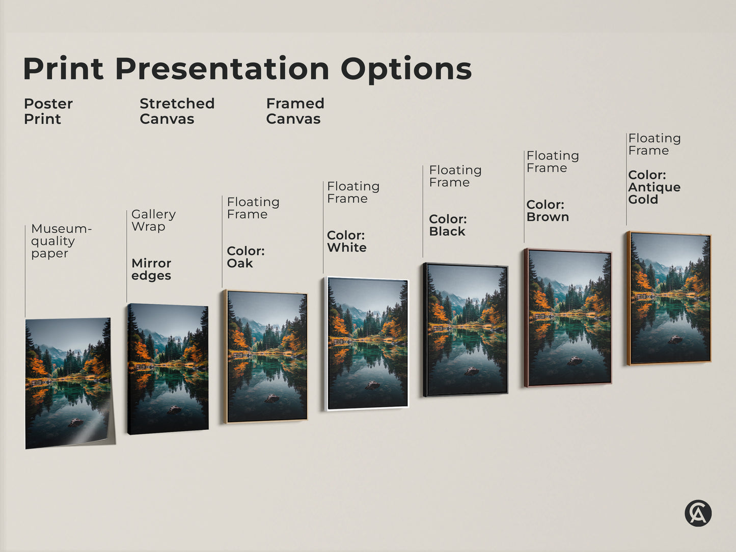 Explore art presentation options with our mountain lake artwork. Choose from poster prints stretched canvas or framed canvas. Each option enhances the serene lake and mountain scene. Find the perfect style to complement your home decor. Shop now and transform your space