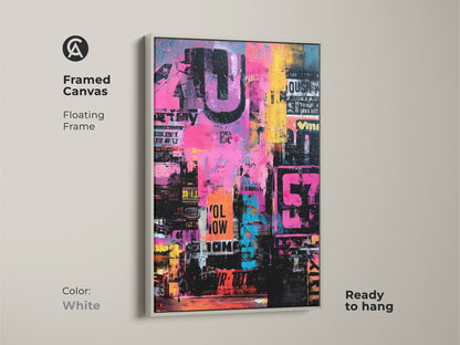Framed canvas art with a white floating frame. This artwork is ready to hang. Features bold colors and urban typography. The white frame offers a clean modern look. A great choice for contemporary art enthusiasts. Order your unique art piece now.