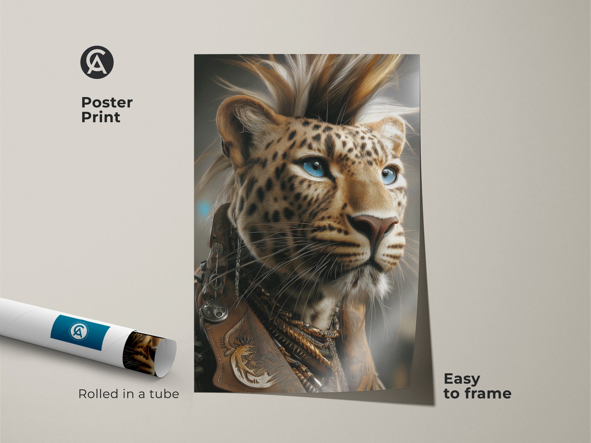 Punk Leopard art as a poster print. It's an easy-to-frame solution for bold decor. Featuring a fantasy punk rock animal with striking blue eyes. Rolled safely in a tube for protection.