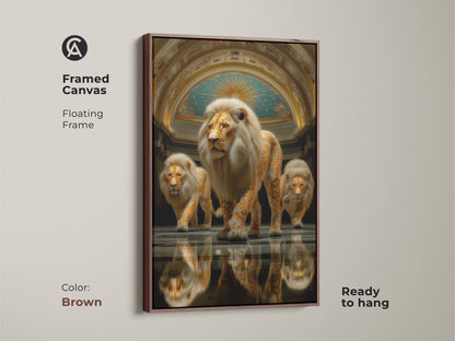Admire this framed canvas featuring abstract gold lion art. A floating frame with a brown color complements this royalty animal artwork. Ready to hang this majestic animal painting is ideal for eclectic home wall art and a leaders gift idea.
