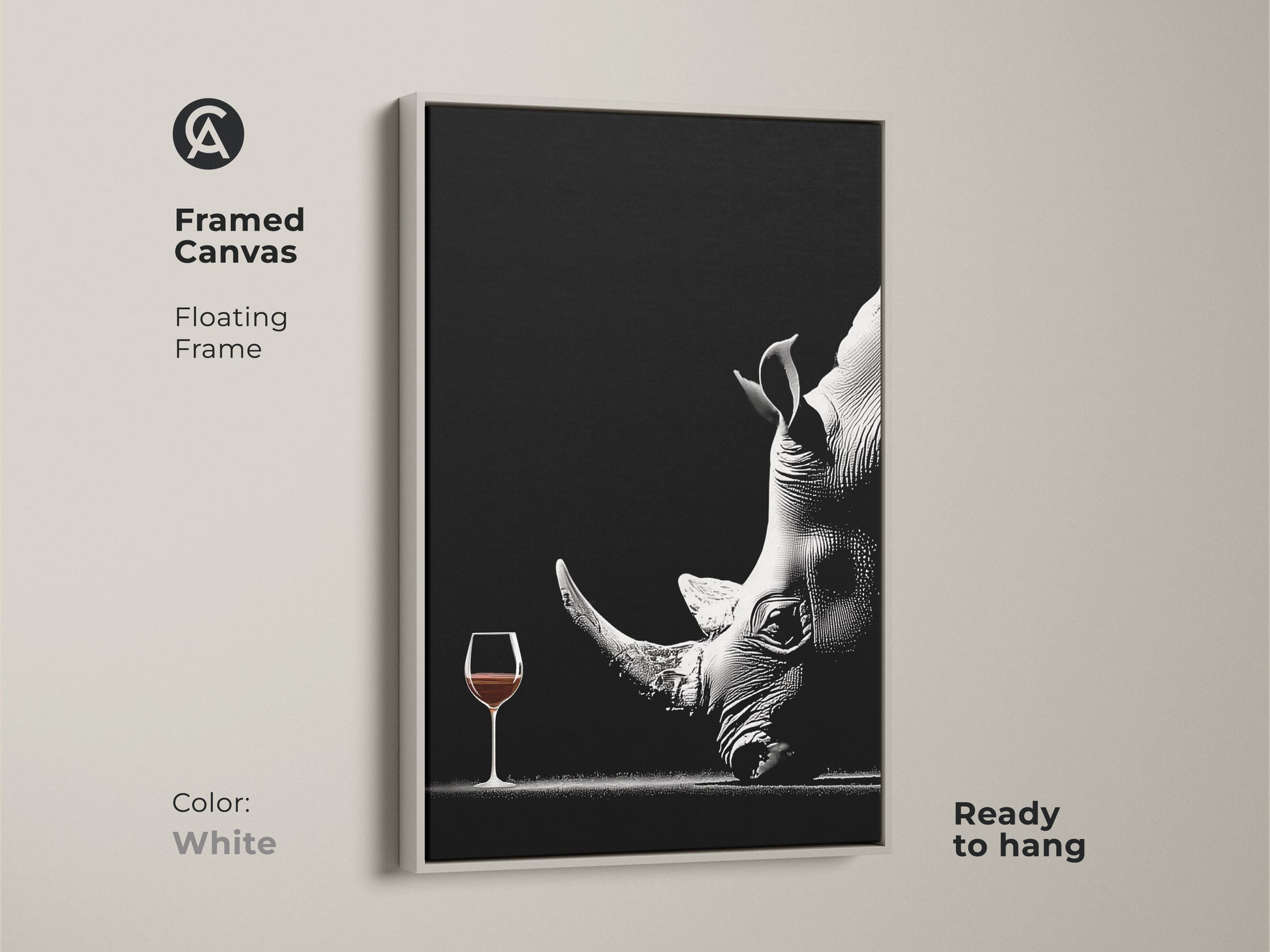 A framed canvas art print features a surreal rhino with a wine glass. The monochrome wildlife art comes with a clean white frame. Ready to hang this contemporary artwork is ideal for modern spaces. This unique animal artwork makes a sophisticated and unusual piece for home decor.