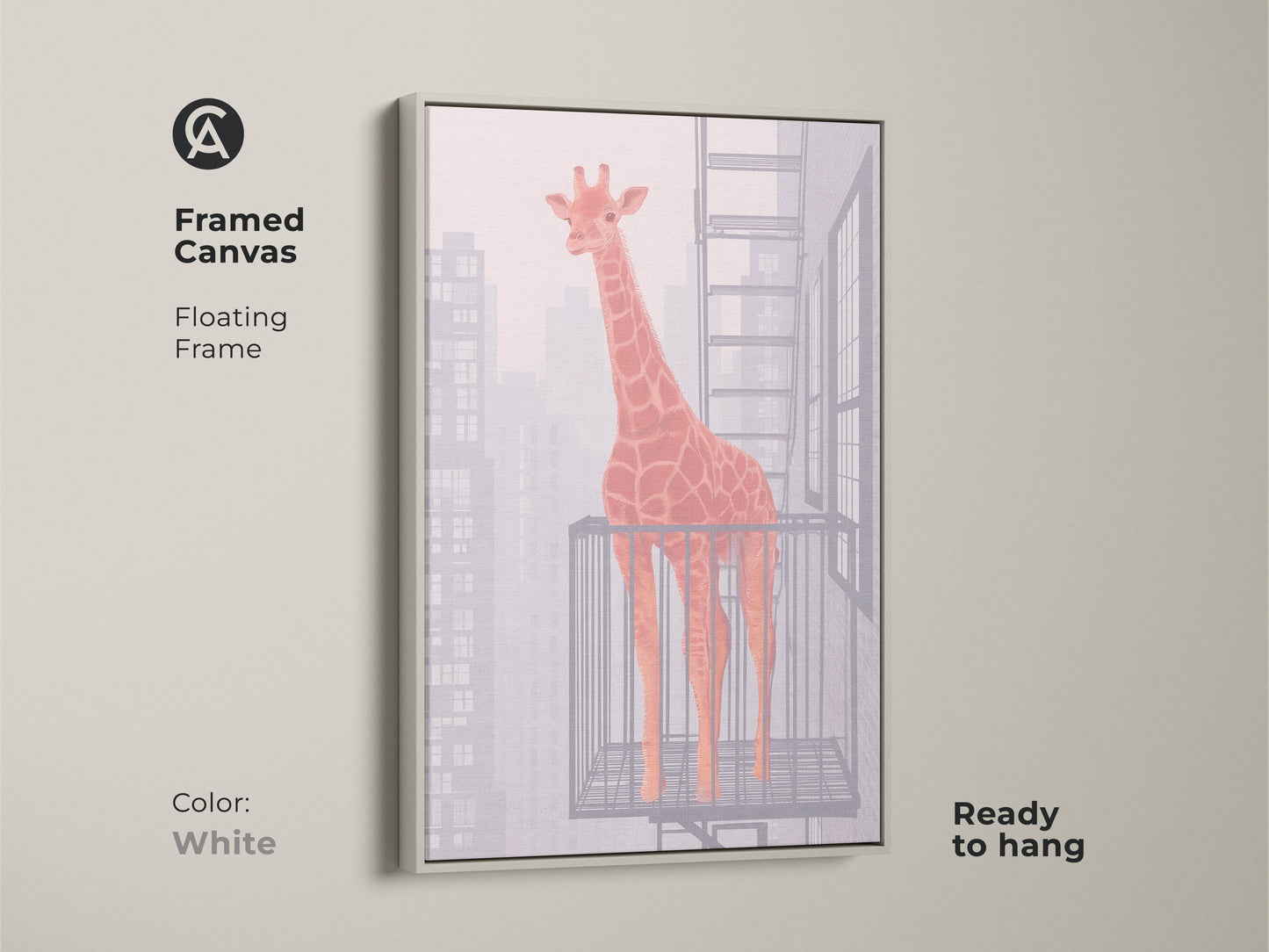 Framed canvas features a floating frame for an orange giraffe abstract artwork. The white frame enhances the contemporary animal artwork. Ready to hang and enjoy the contemporary wall art.
