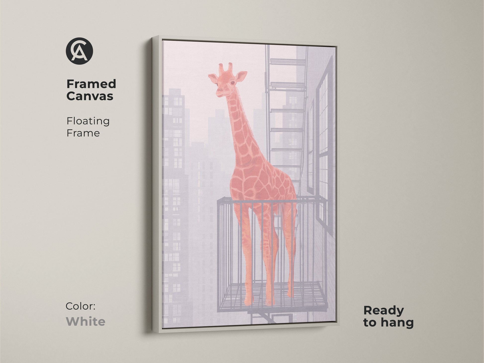 Framed canvas features a floating frame for an orange giraffe abstract artwork. The white frame enhances the contemporary animal artwork. Ready to hang and enjoy the contemporary wall art.