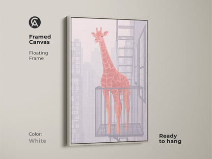 Framed canvas features a floating frame for an orange giraffe abstract artwork. The white frame enhances the contemporary animal artwork. Ready to hang and enjoy the contemporary wall art.