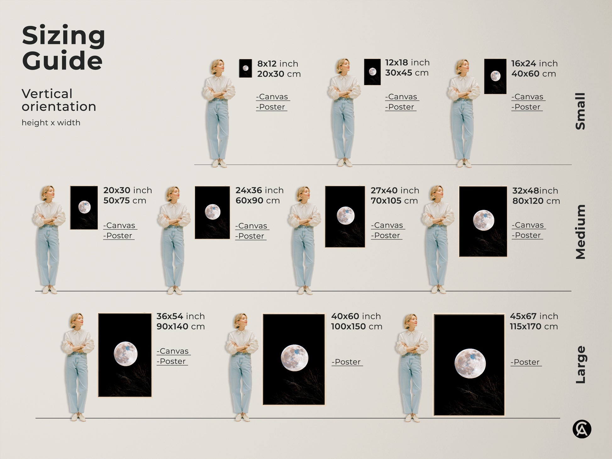 Sizing guide for moon art prints. Vertical orientation height x width. Available in canvas and poster options. Small medium and large sizes. Find the perfect size moon art for your space with our guide.