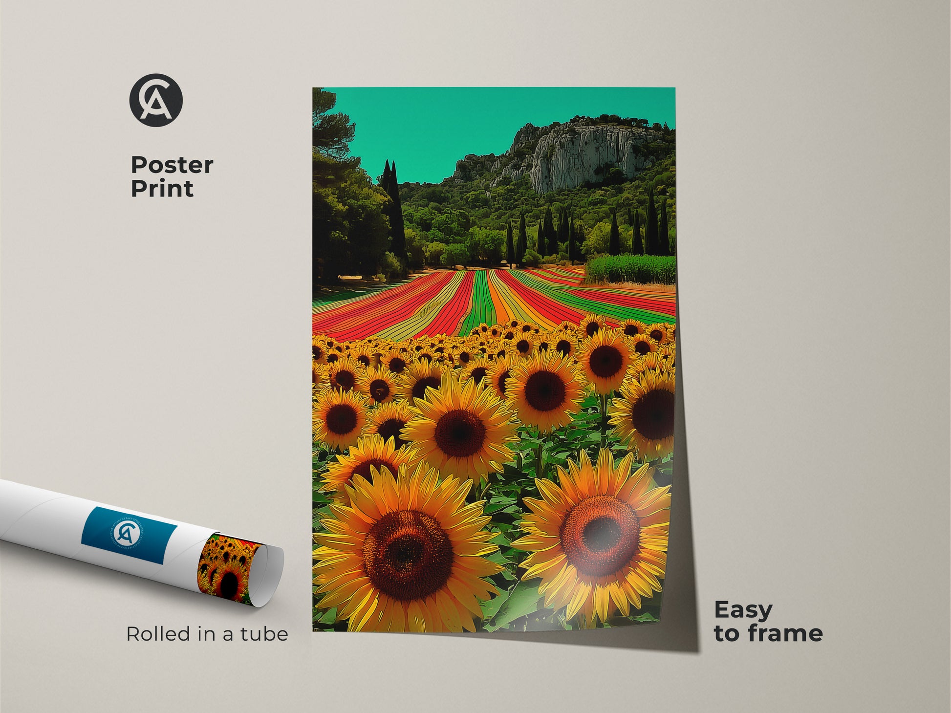 Poster print of a vibrant sunflower field landscape. Boho home decor with yellow and orange floral art. The art is rolled in a tube and easy to frame. The summer field wall decor makes a great housewarming gift.