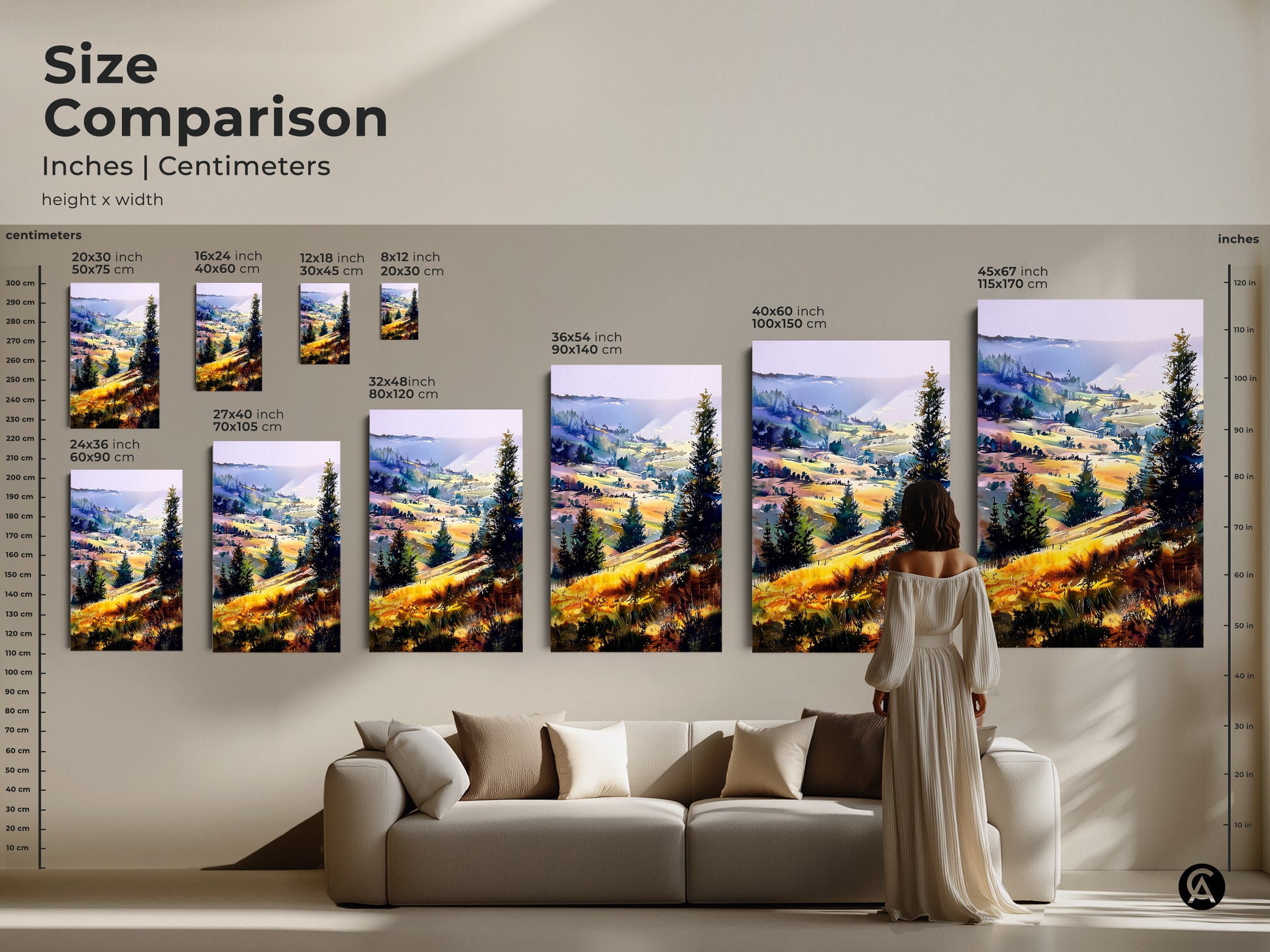 Size comparison of boho landscape canvas prints. Various sizes are displayed above a couch to help visualize scale. The impressionistic hills and trees artwork can transform your living room decor.