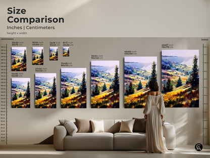 Size comparison of boho landscape canvas prints. Various sizes are displayed above a couch to help visualize scale. The impressionistic hills and trees artwork can transform your living room decor.