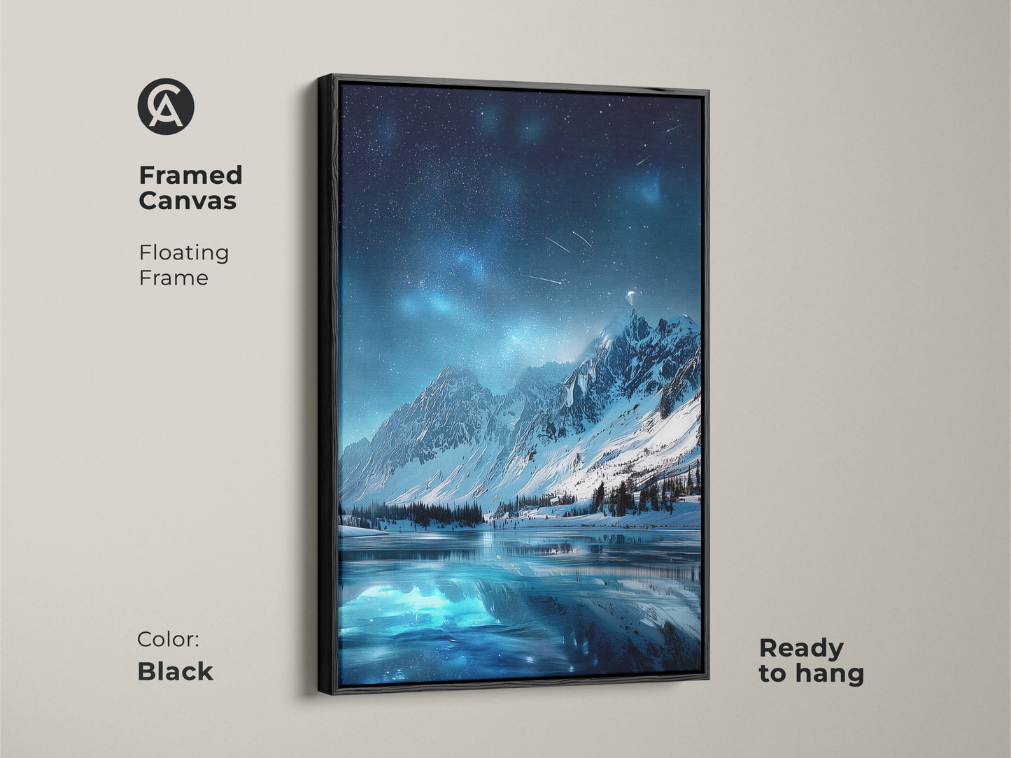 Framed canvas art of Starry Night Sky Over Mountain Lake. The black floating frame is ready to hang. This contemporary bedroom decor is cosmic landscape artwork. The art features a frozen lake under a starry night.