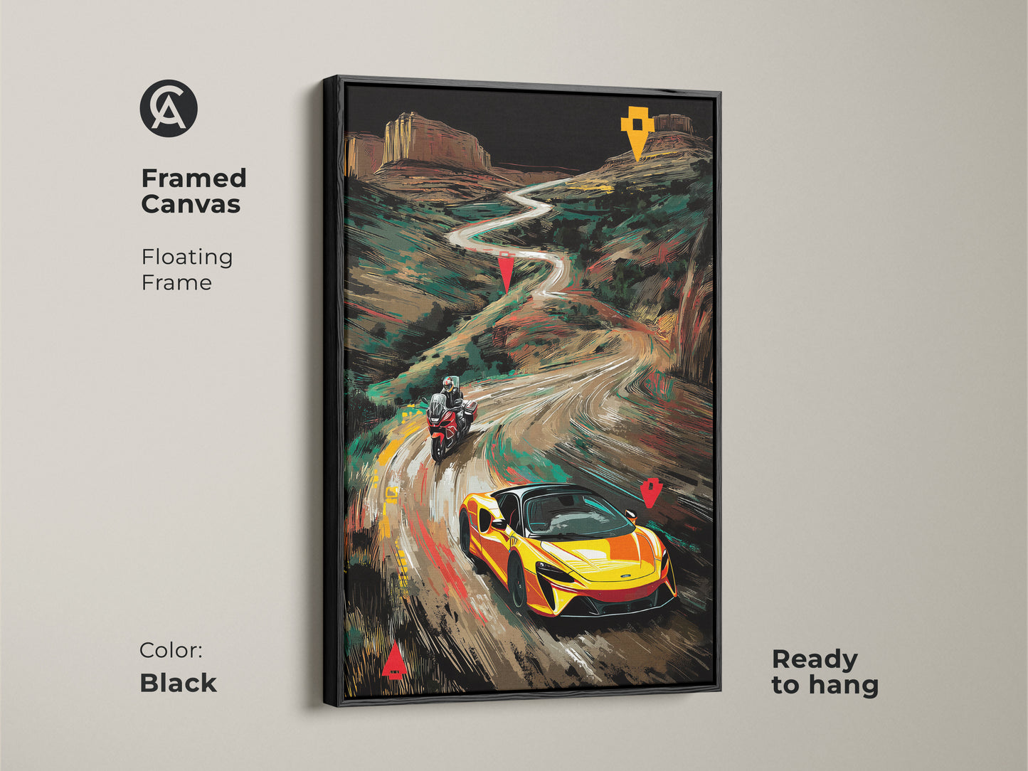 Framed canvas in black showcasing a yellow McLaren and motorcycle on an adventure. This floating frame highlights the modern landscape art. Ready to hang this piece is perfect for office or garage decor. The automotive art print adds a dynamic touch to any room as wall decor