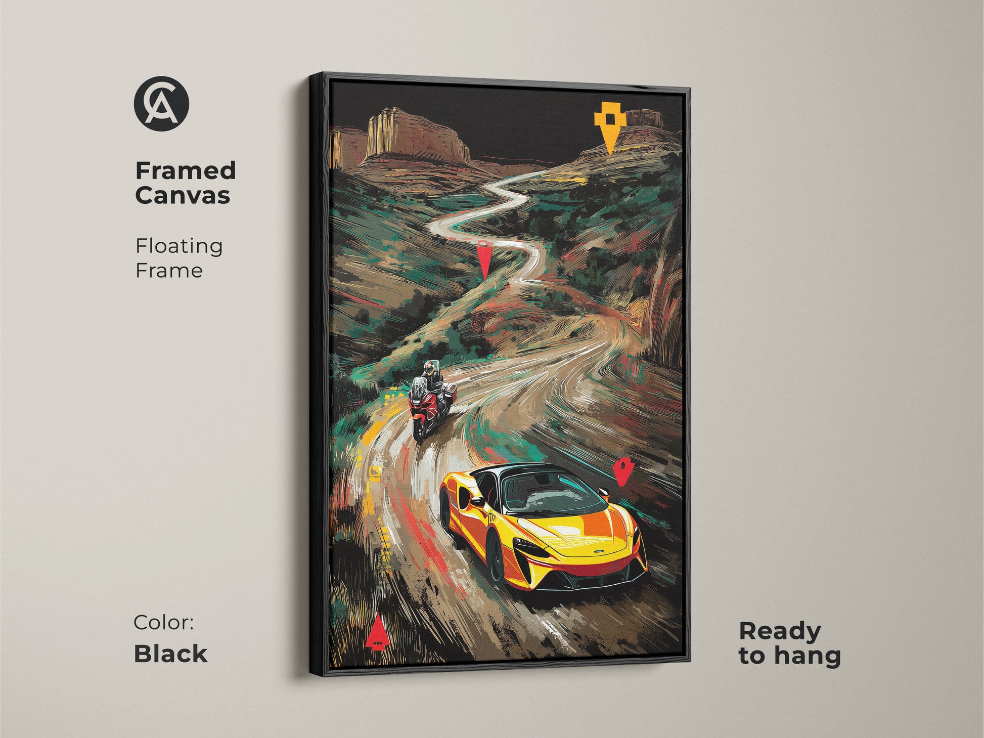 Framed canvas in black showcasing a yellow McLaren and motorcycle on an adventure. This floating frame highlights the modern landscape art. Ready to hang this piece is perfect for office or garage decor. The automotive art print adds a dynamic touch to any room as wall decor
