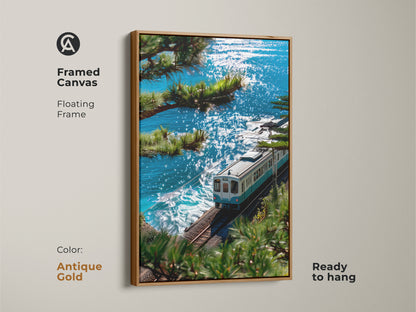 Antique gold framed canvas art print featuring a blue and white train along a sparkling blue coast. This floating frame is ready to hang. A scenic train ride captured in museum-quality art.